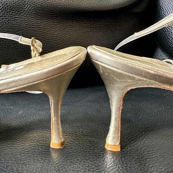 MANOLO BLAHNIK METALLIC GOLD LEATHER CLEAR PVC STRAPPY HEELS SANDALS THONG 40.5 - Picture 10 of 12